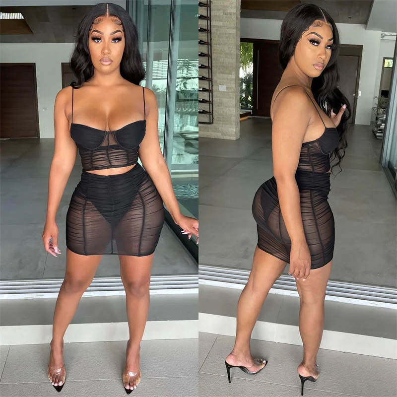 

hirigin Women Sexy Mesh Patchwork Bodycon 2 Piece Ruched Skirts Set Spaghetti Strap Tank Crop Tops Summer Mini Skirts Outfits