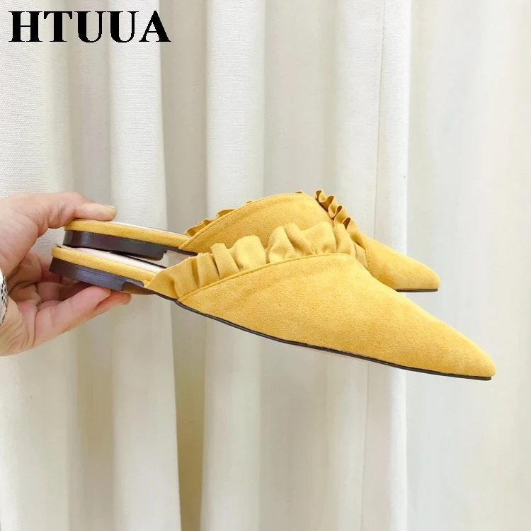 HTUUA/высококачественные Мягкие Шлепанцы из флока; женские туфли без задника; сезон весна-лето-осень; женская обувь; шлепанцы на плоской подошве; SX1311