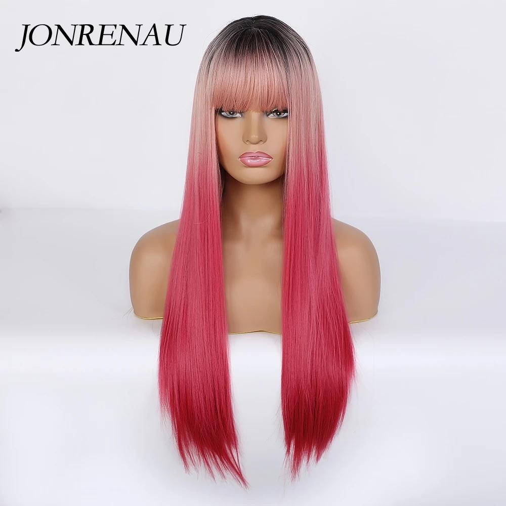 Jonrenau синтетический длинный прямой коричневый корень омбре розовый парик с челкой косплей парик для белых и черных женщин термостойкое воло... от AliExpress WW