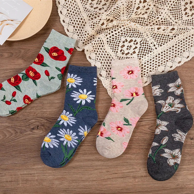 Новинка Винтажные женские носки Модные хлопковые с цветами и надписью Happy