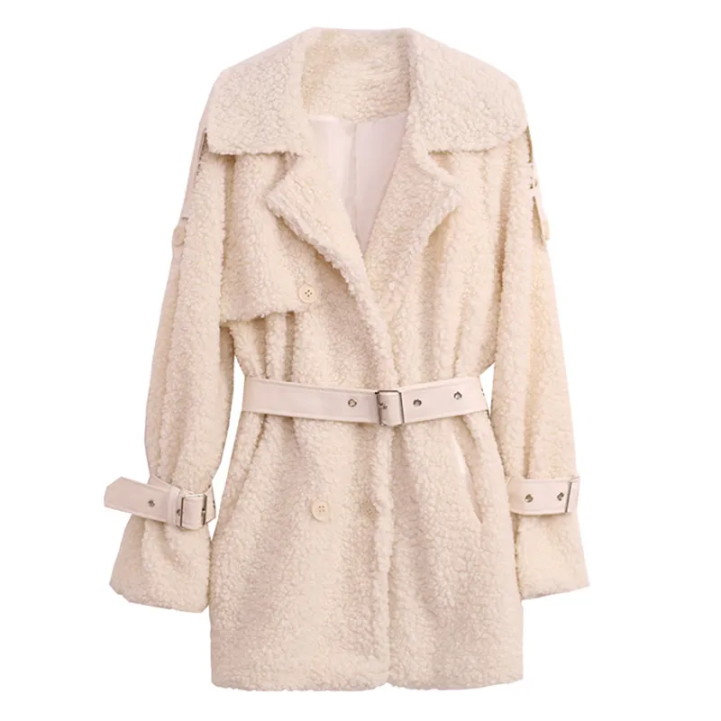 

Faux Fur Coat Women Double Breasted Fashion Loose Fur Coat Thick Warm Overcoat Winter Faux Lambs Wool Fur Jacket Women With Belt