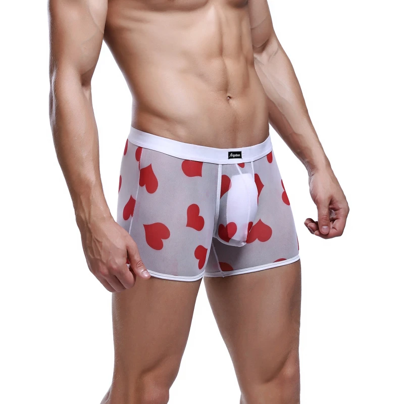 Пикантные сетчатые мужские трусы Новинка принт с сердцем дышащие низкой талией