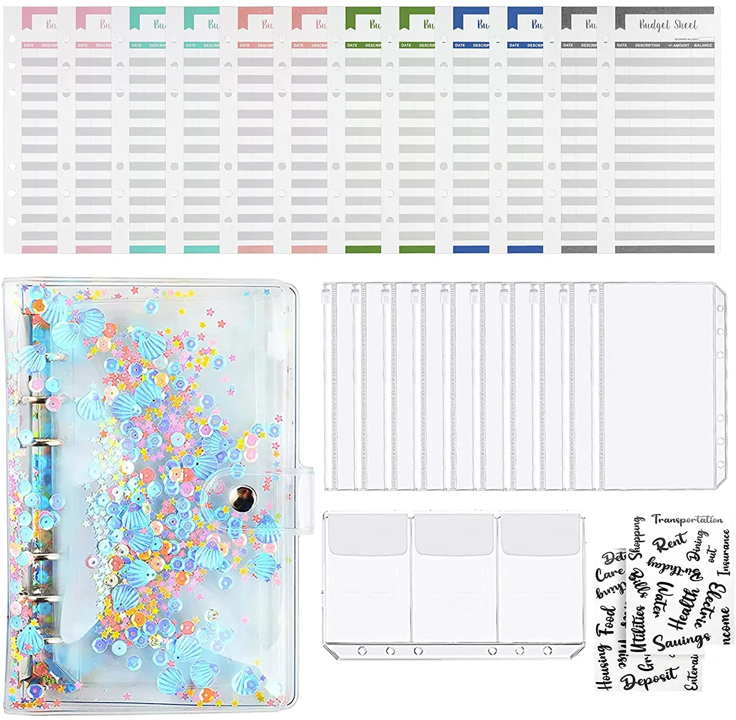 

A6 Binder Glitter PVC Planner Organizer Money Saving Budget Binder with 10 Cash Envelopes, 1 Card Bag, 12 Expense Budget Sheets