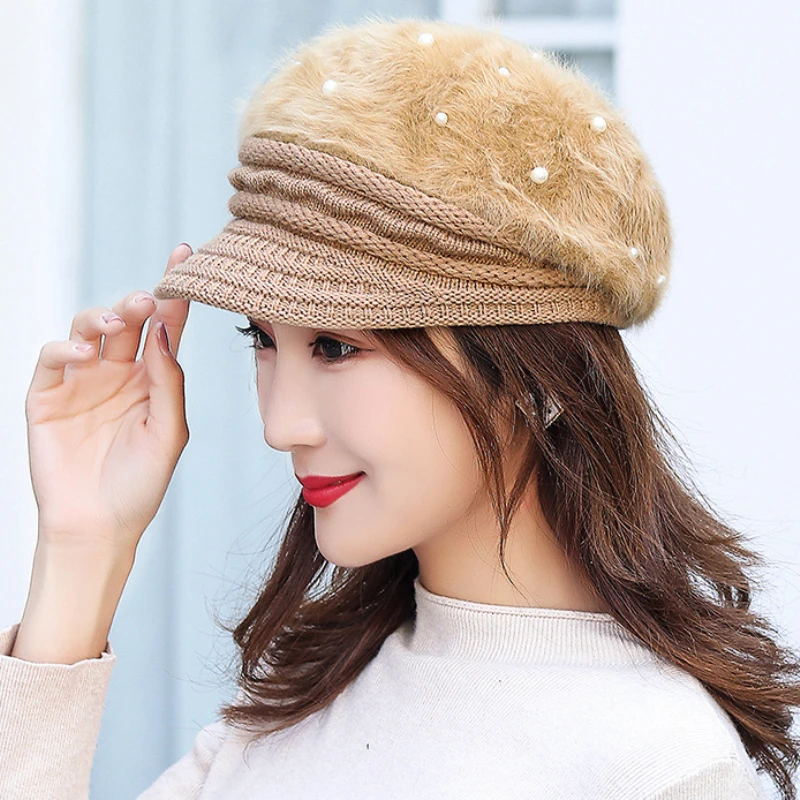 Береты новые модные зимние шляпы для женщин Толстая теплая шапка с кроличьим