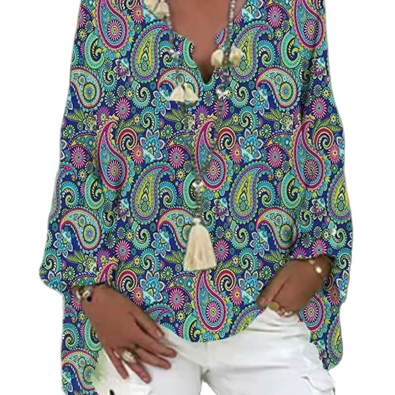 

2021 Fashion Ladies Autumn And Summer New Fashion V-Neck Print Hit Color Commuting Temperament Shirt-Type Long-Sleeved Blouse