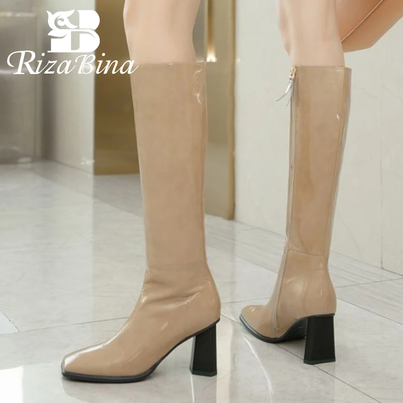 

RIZABINA Women Knee High Boots Real Leather Square Toe Long Boots Ladies Fashion Cool High Heel Boots Ladies Footwear Size 34-40