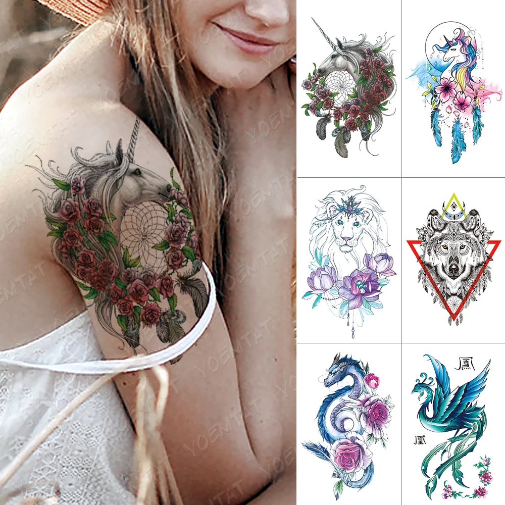 

Waterproof Temporary Tattoo Sticker Rose Unicorn Dreamcatcher Flash Tattoos Wolf Dragon Body Art Arm Fake Tatoo Women Men