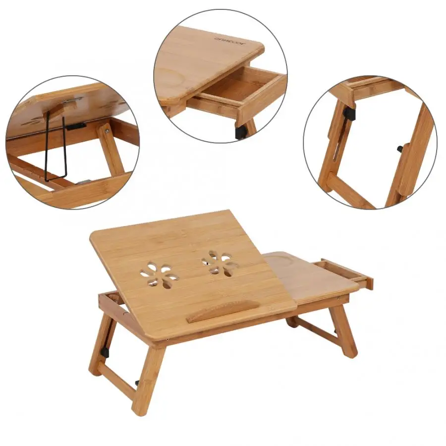 

Adjustable Laptop Bed Table Bamboo Rack Shelf Dormitory Bed Lap Desk Two Flowers Book Reading Tray Stand