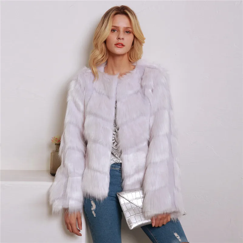 LANSHIFEI New Faux Fur Coat High Quality Fashion Slim Black Red Pink Faux Fur Jacket Fake Rabbit Fur Coat