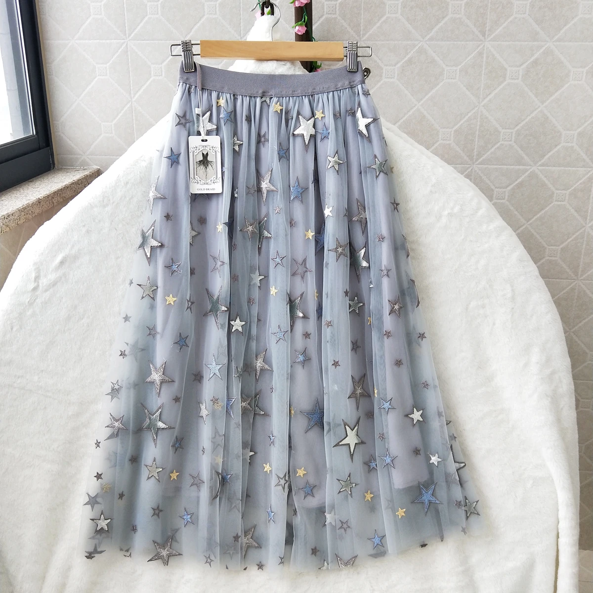 

New Summer High Quality Heavy Industries Embroidery Star Sky Mesh Half length Skirt Fairy Tide High Waist Skirt