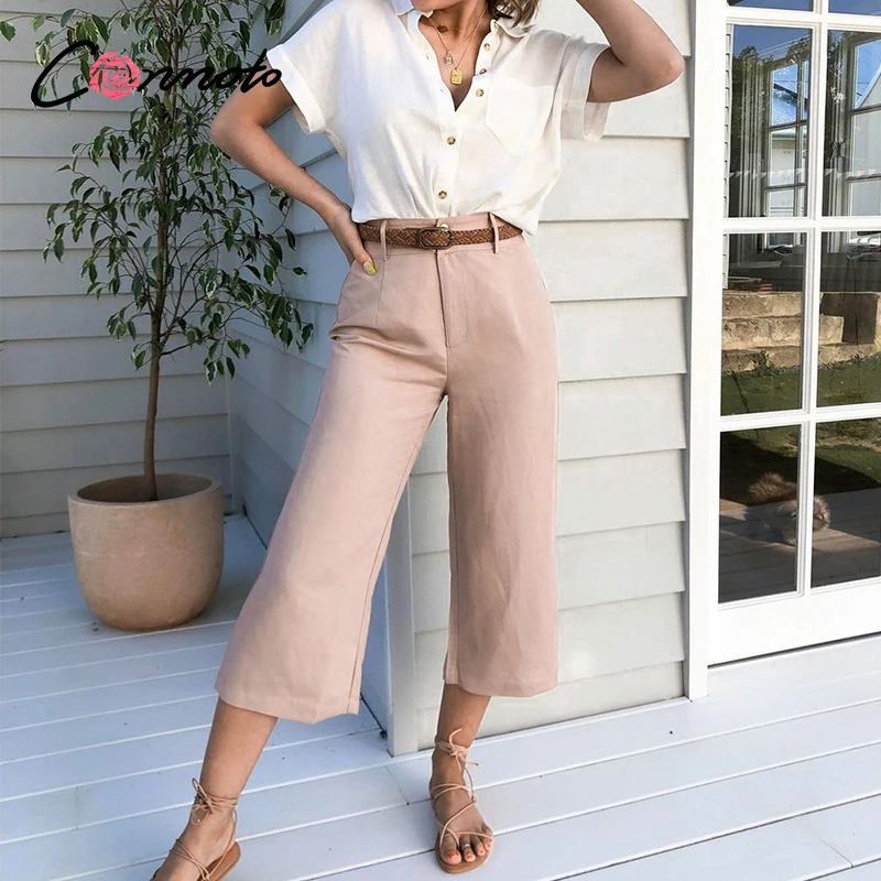 Conmoto pink solid summer 2020 capris pants women casual mid waist femme button pocket trousers | Женская одежда