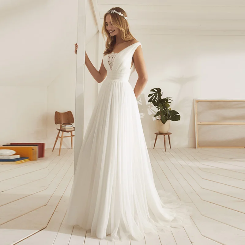 

Eightale Beach Wedding Dress 2022 Appliques Tulle A-Line Princess Boho Wedding Gowns Pleats Open Back Bridal Dress gelinlik