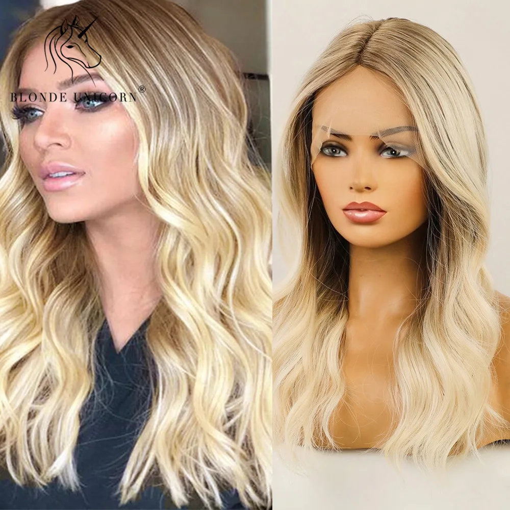 

Blonde Unicorn Ombre Brown to Light Blonde Medium Long Wavy Synthetic Lace Part Hair Wigs For Women Heat Resistant Daily Use