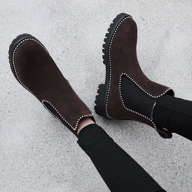 Taoffen Size 34-41 Women Genuine Leather Beads Ankle Boots Chelsea Office Work Party Casual Short Boots Flats Daily Footwear