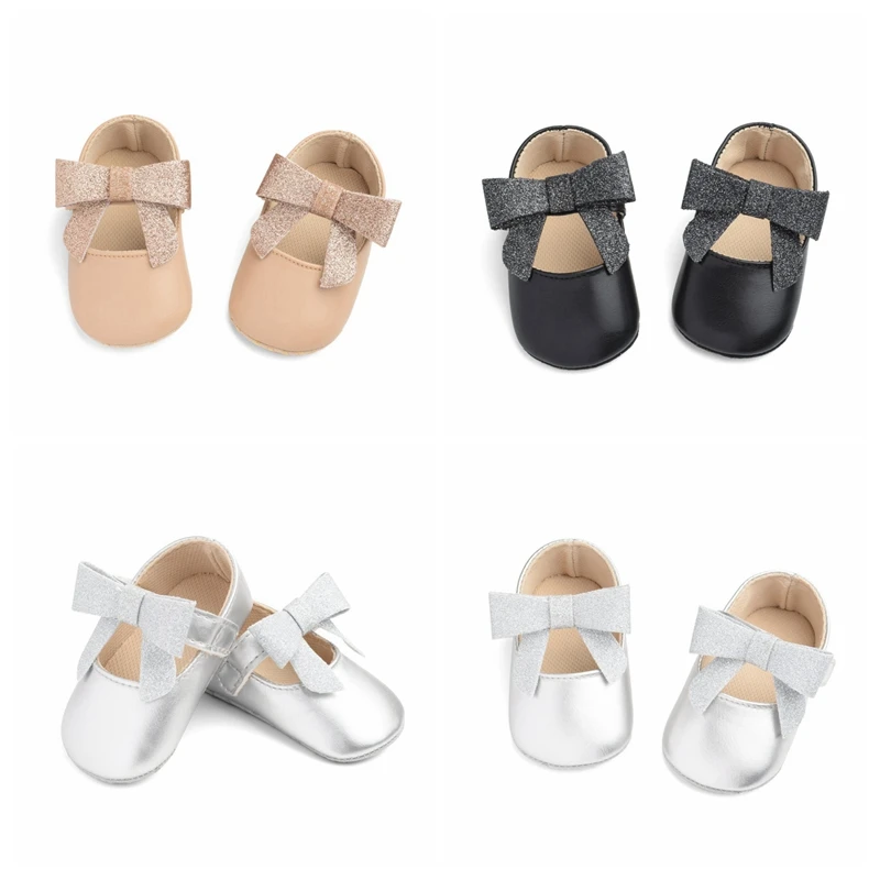 

Newborn Baby Girl Bow Princess Shoes Soft Sole Crib Shoes Leather Solid Flat Baby Shoes