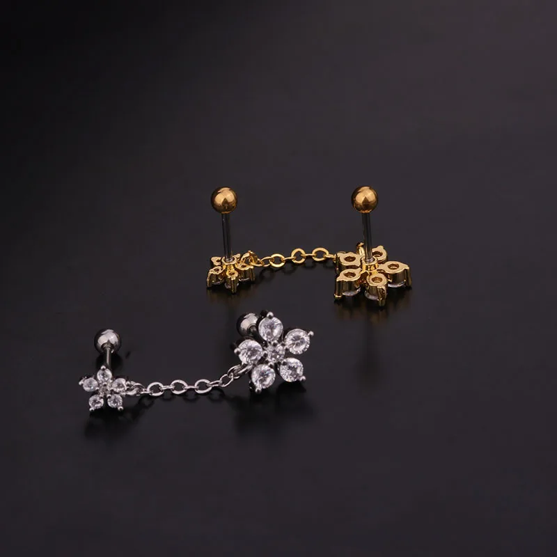 

Fashion New Color Zircon Ear Bone Stud Stainless Steel Screw Ear Stud Female Cool Flower Drop Ear Pendant Puncture