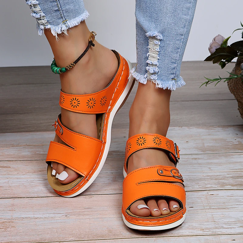 

Women's Sandals PU Buckle Open Toe Sandals Wedges Sandals New Outdoor Leisure Beach Shoes Non-slip Slippers Large Size 35-43