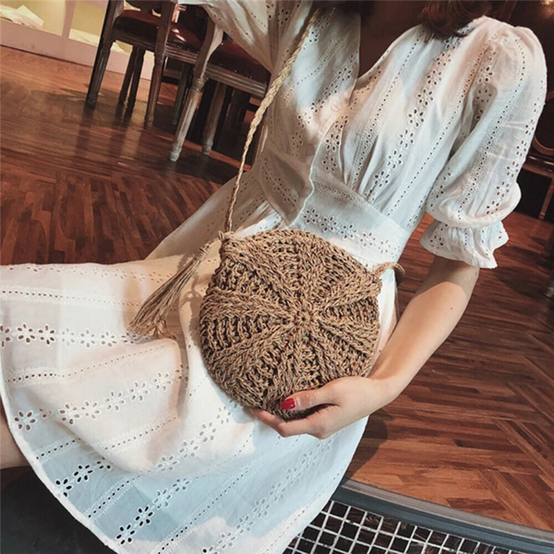 

Women Shoulder Bag Round Circular Rattan Wicker Straw Woven Zipper Summer Beach Basket Purse Female Handbag Fashion Straw Bags