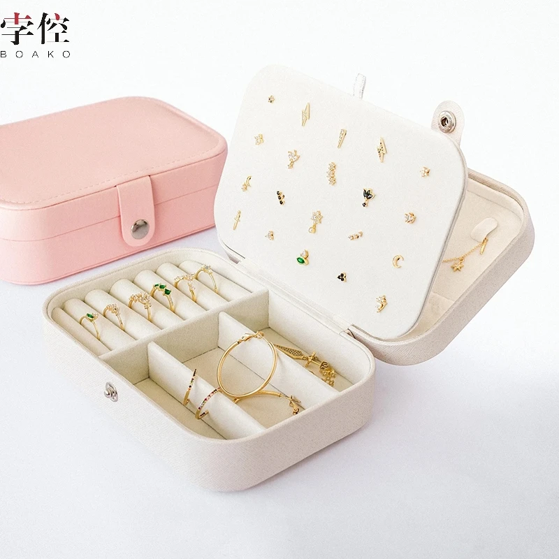 

BOAKO Square White PU Leather Jewelry Box With Large Capacity For Women Earrings Exquisite Necklace Ring Household Jewelry Box