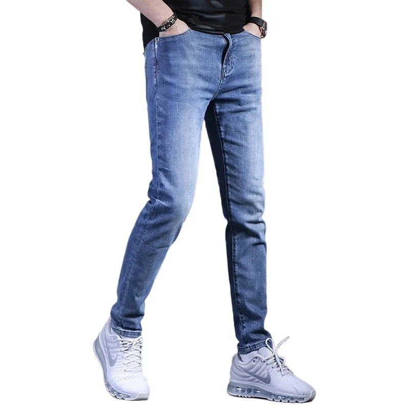 

Men Slim Fit Jeans 2021 Korean Style Casual Blue Denim Pencil Pants