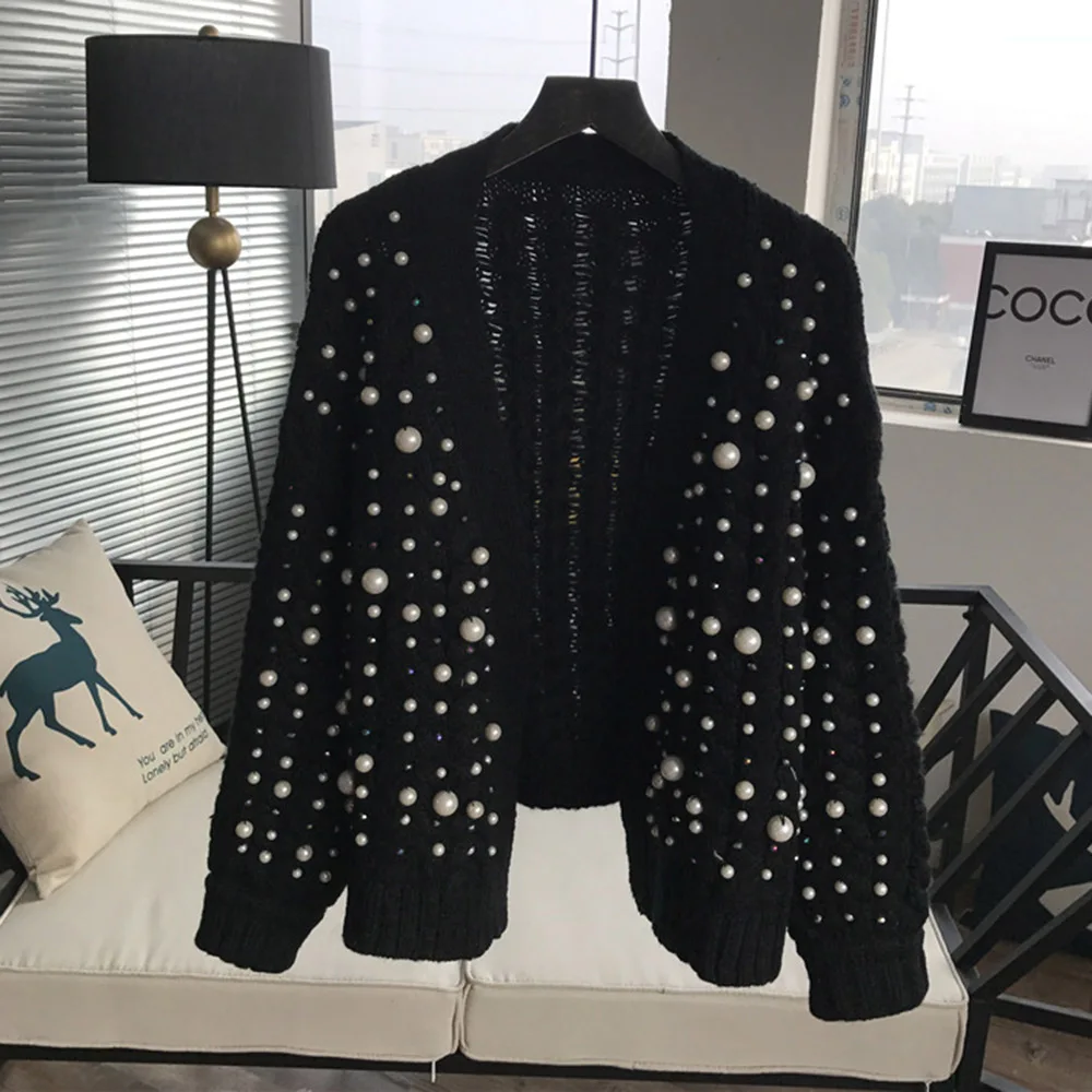 

2020 Spring And Autumn Sweater Handmade Hand-sewn Pearl Cardigan Sweater Women Thickened Long-sleeved Casual Jacket Overcoat