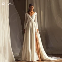 robe de mariee elegant v neck simple wedding dresses hight split sashes zipper long sleeve satin royal train bridal gown vestido