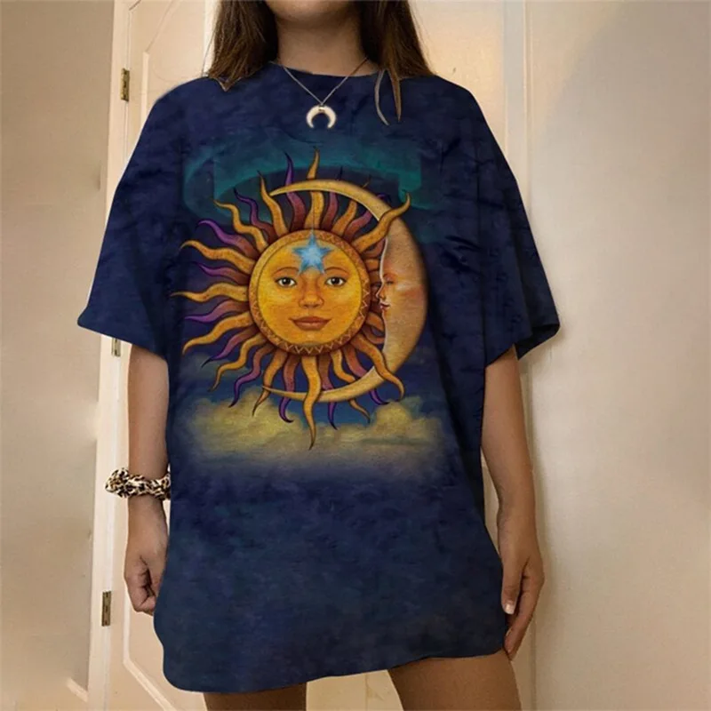 Женская футболка с принтом Солнца и Луны Винтажная Футболка оверсайз