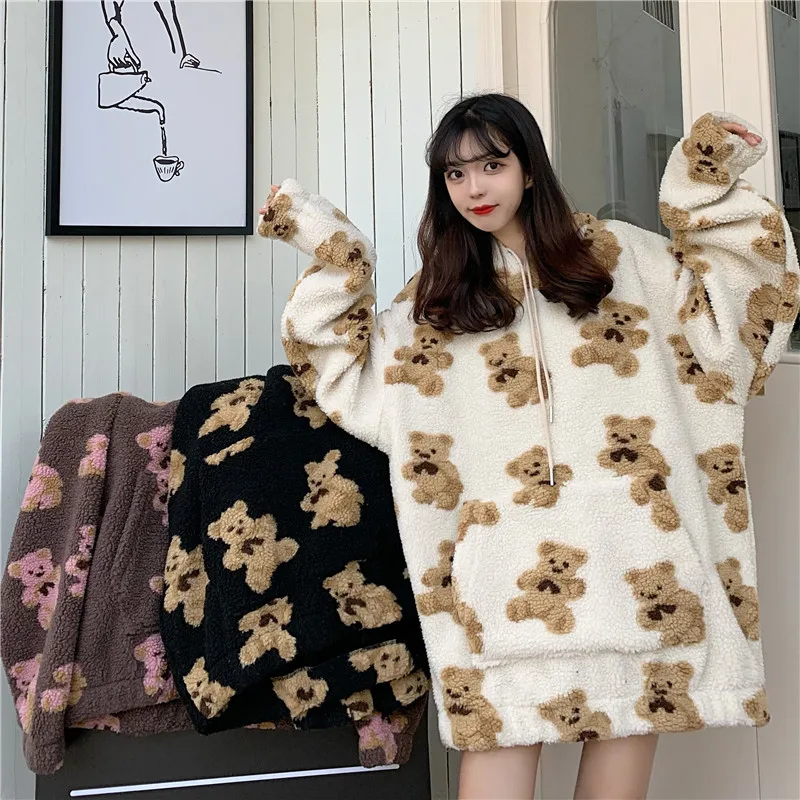

Cute Women Hoodie 2021 Winter Loose Hoodies Sweatshirts Streetwear Thick Lamb Wool Bear Coat Lazy wind Oversized Outwear