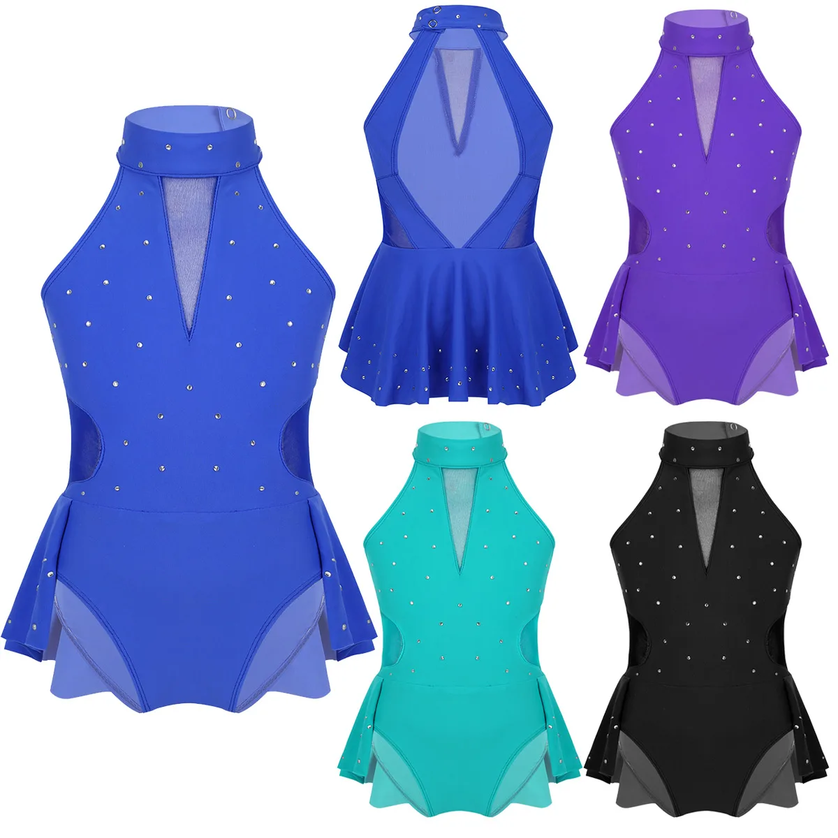 Kids Teens Shiny Rhinestone Mesh Ballet Gymnastics Leotard Figure Ice Skating Dress Girls Childs Performance Dance Costume |