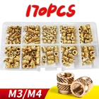 Набор встраиваемых гаек из латуни, M3 M4, 170 шт., резьба медные, с накаткой, набор встраиваемых гаек с резьбой