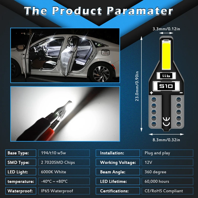 2 шт. T10 W5W Светодиодная лампа Автоматическая внутренняя светодиодная подсветка