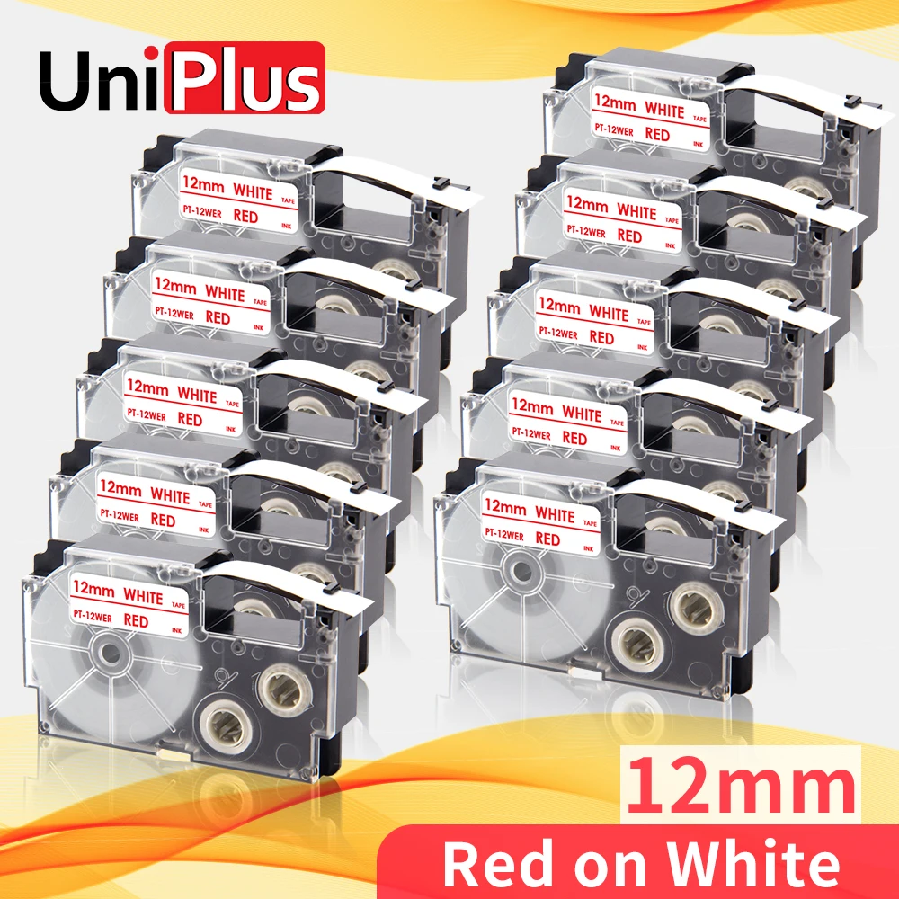 

UniPlus 12mm*8m 1/2" Labeling Tape Replacement Casio Label Tape XR 12WER XR-12WER Red on White for Casio Label Printer KL-8200