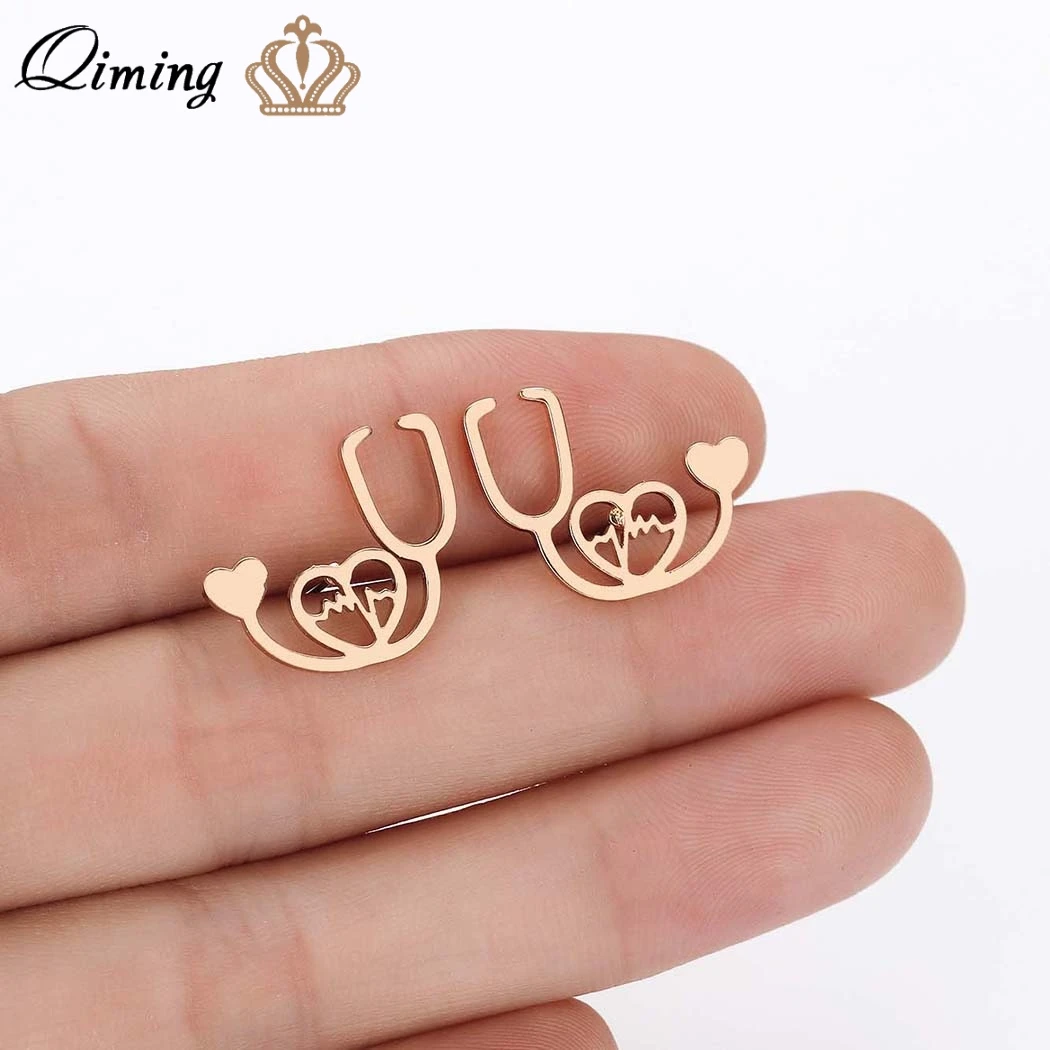 QIMING стетоскоп &quotкардиограмма сердца серьги гвоздики для женщин любящее сердце