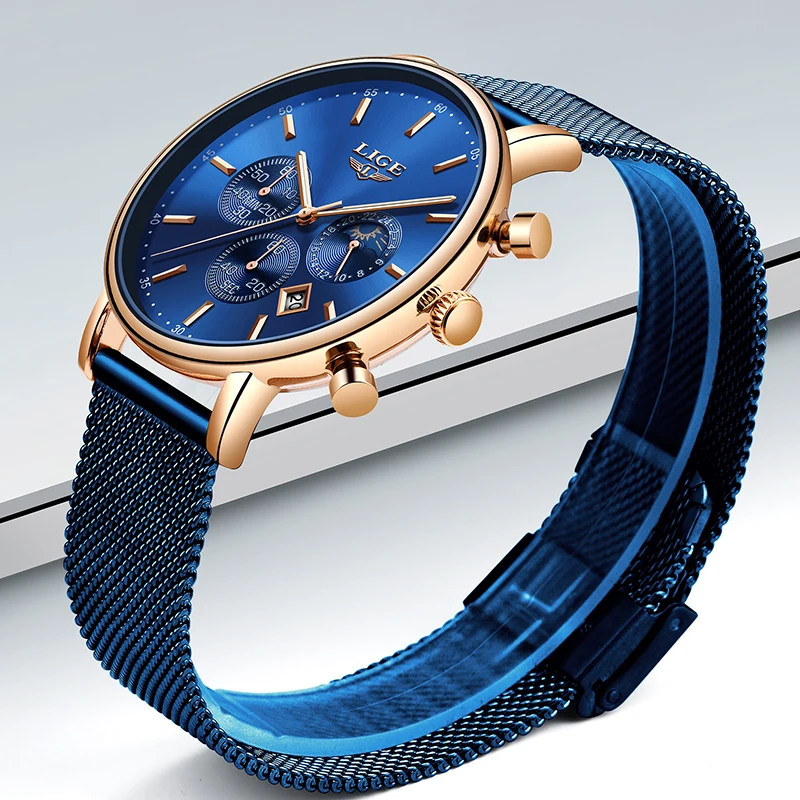 Часы наручные LIGE Мужские кварцевые модные брендовые Роскошные