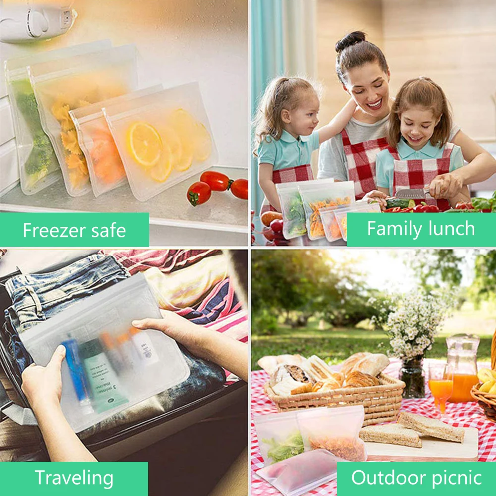 

4Pcs New Silicone Leakproof Food Storage Bag Containers Reusable Cup Fresh Fruit Sandwich Pouch Ziplock Shut Pouch Freezer Bags