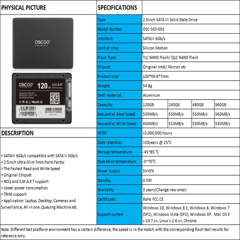 Жесткий диск Oscoo 2 5 дюйма SSD 500 Гб 240 ГБ 120 480 1 ТБ 960 твердотельные накопители