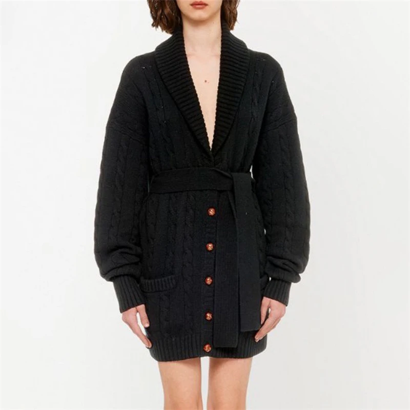 

2021 fall new style V-neck single-breastedsweater cardigan big-name women's fashionwaistband looseknitsweater coat free shipping