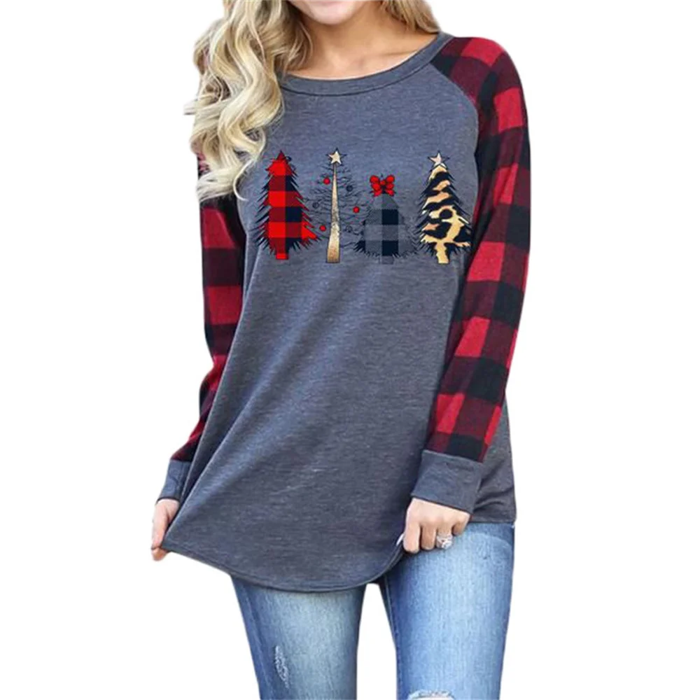

Повседневная футболка с длинными рукавами с принтом рождественской елки, Длинные Топы в клетку с длинными рукавами, осенняя женская футбол...
