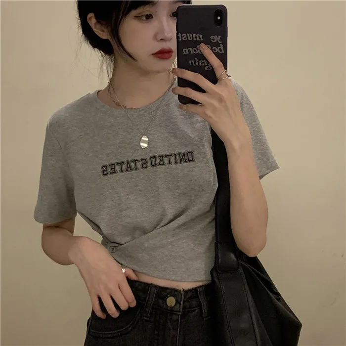 

Summer slim slimming irregular button short letter print T-shirt short-sleeved round neck top women