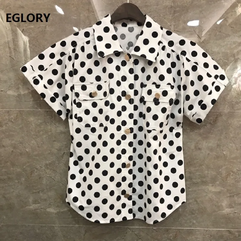 

High Quality Cotton Shirts 2021 Summer Blouses Women Turn-down Collar Polka Dot Print Chest Pocket Deco Short Sleeve Shirt Lady