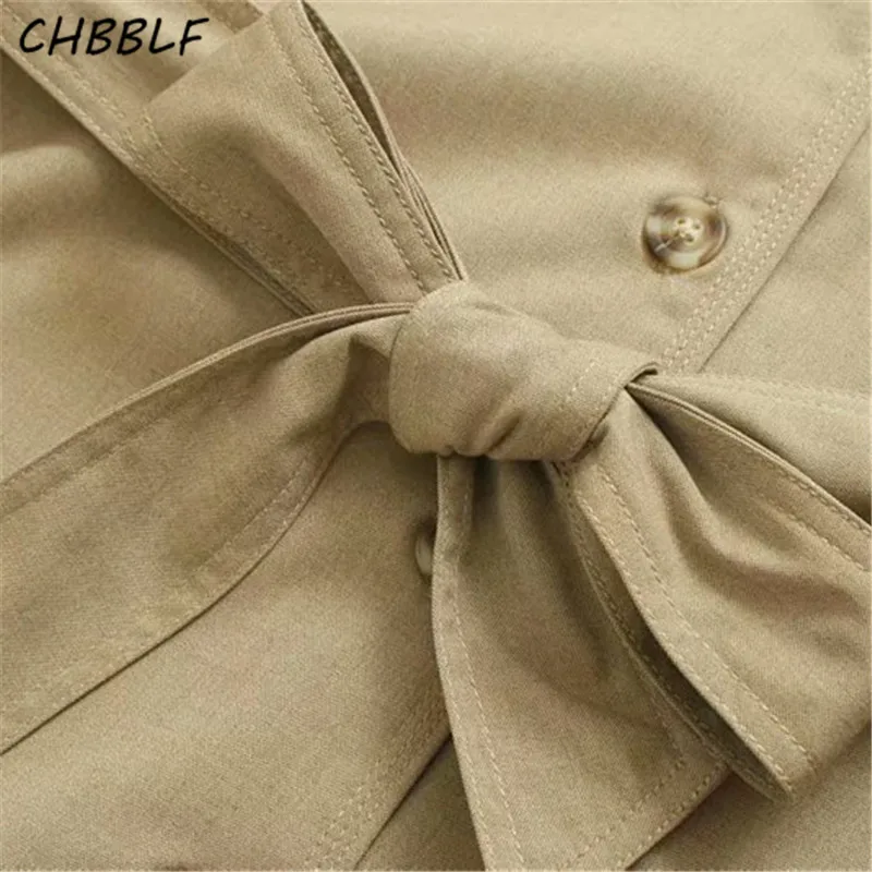 CHBBLF женское платье цвета хаки длиной до колена с поясом-бантом и карманами