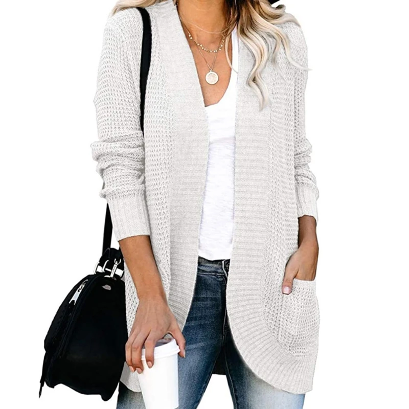 

Women Chunky Knit Solid Cardigan Long Sleeve Rounded Hem Sweater Coat Pockets