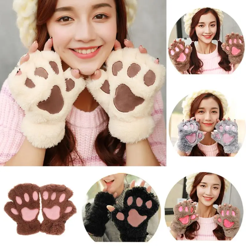 

2020 New Winter Women Cute Cat Paw Claw Plush Mittens Short Fingerless Finger Half Gloves