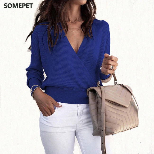 

Autumn Tops and Pullovers Long Sleeve Knitted Sweaters for Women V Neck Cross Wrap Sweaters and Pullovers Fashion Tops