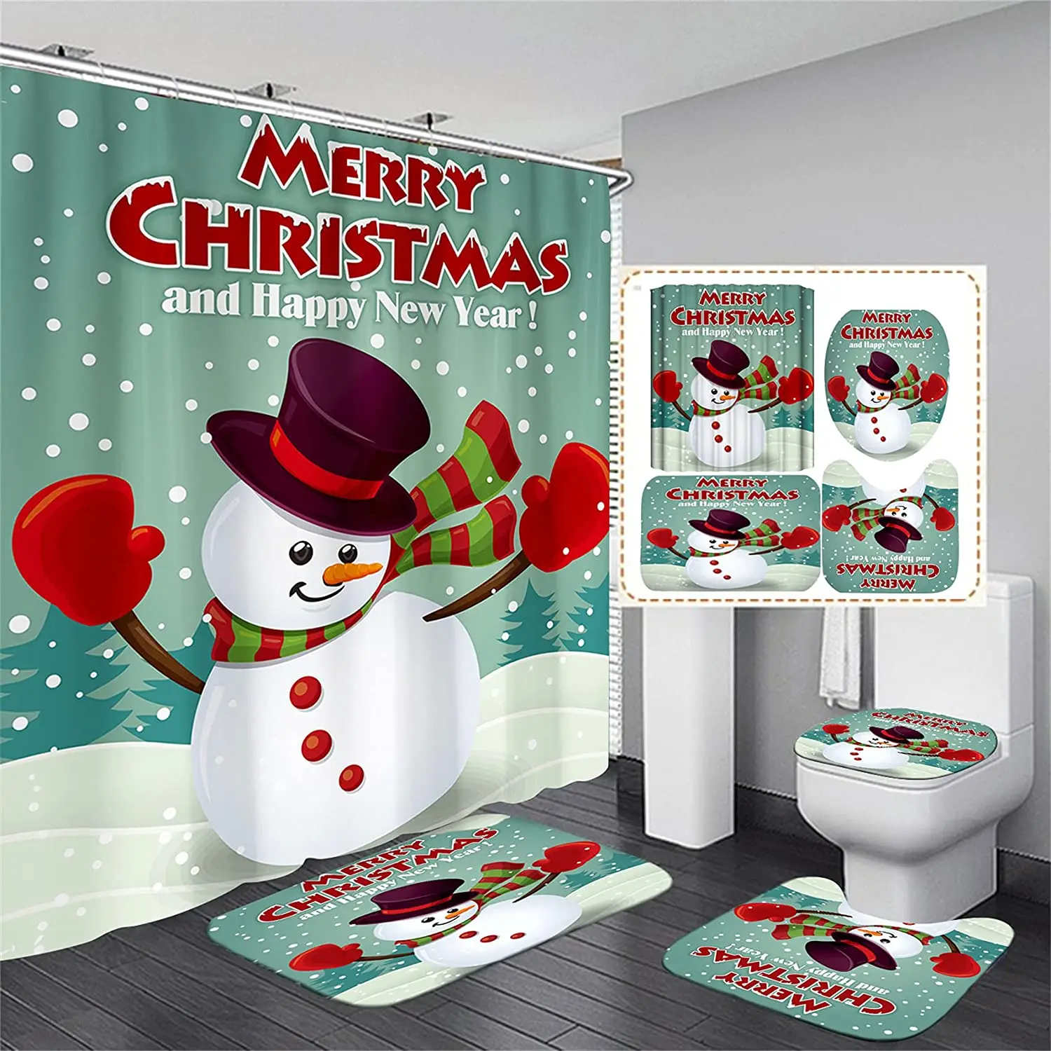 

Набор рождественских занавесок для душа с принтом снеговика, чехол на ковер, чехол для унитаза, коврик для ванной, наволочка, занавеска для в...