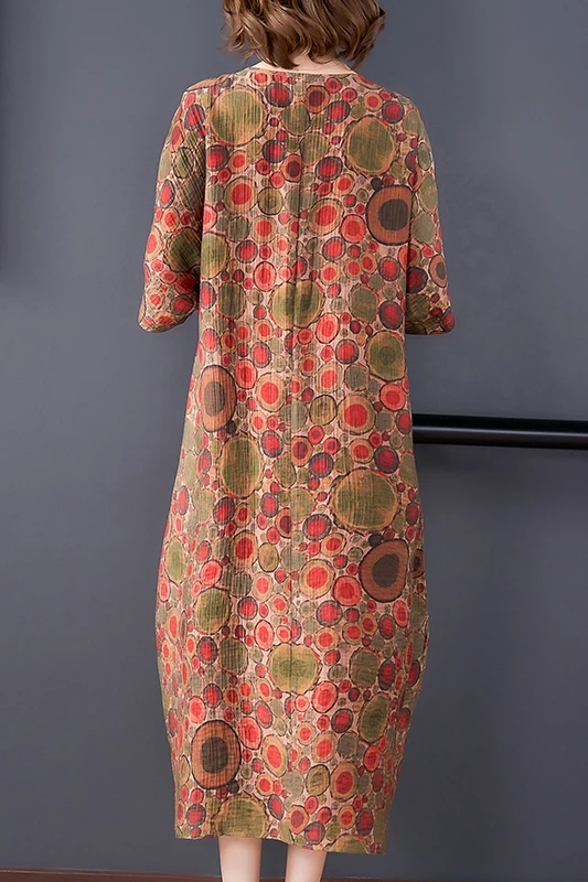 

COIGARSAM 4XL Plus Size National Wind Patchwork Women Long dress Spring Summer Vintage Print Loose Dresses Orange Red 5111