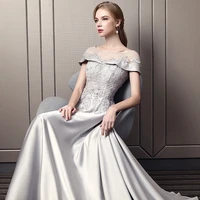 silver satin mother of the bride dresses with sleeve a line lace sequined beaded sweep train wedding party evening gowns elegant