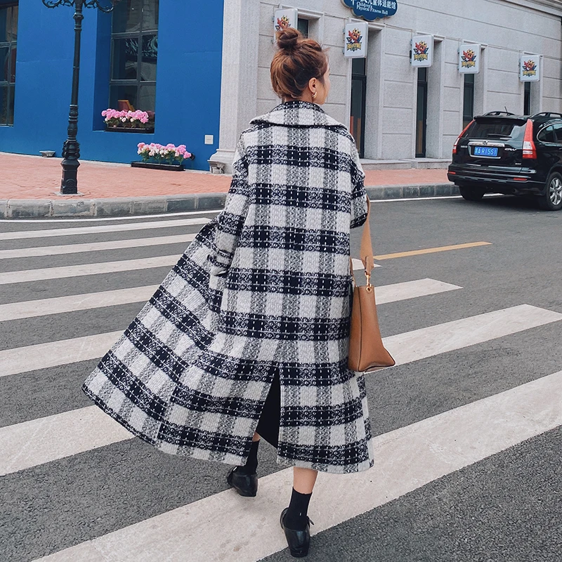 

Female Jacket 2020 New Autumn Winter Bird Plaid Suit Sollar Loose Profile Woolen Coat Long Casual Thickened Warm Woolen Coat B02