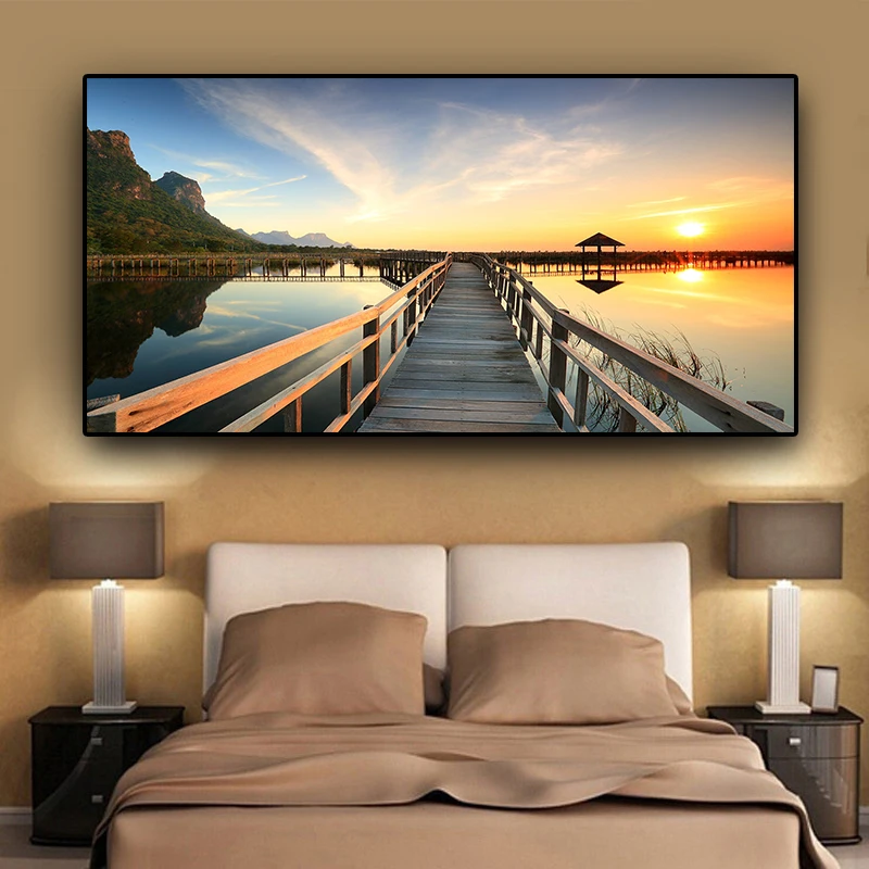 Картина на холсте с изображением деревянного Озерного пейзажа Sunsets Bridge Настенная