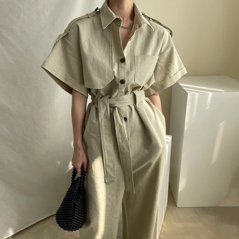 

Summer Jumpsuit Women Korean Style Short Sleeve Wide Leg Pant Overalls Rompers with Belt Loose Casual Combinaison Femme 2021